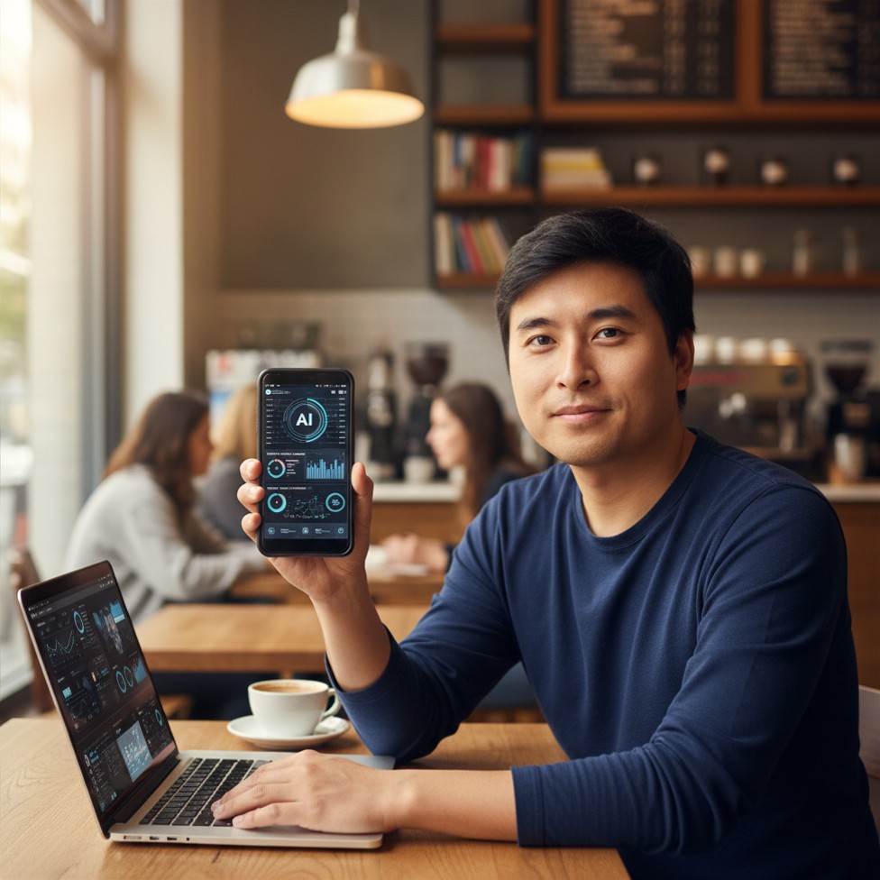 Huy at a café table with his laptop open, holding up a phone showing an AI dashboard